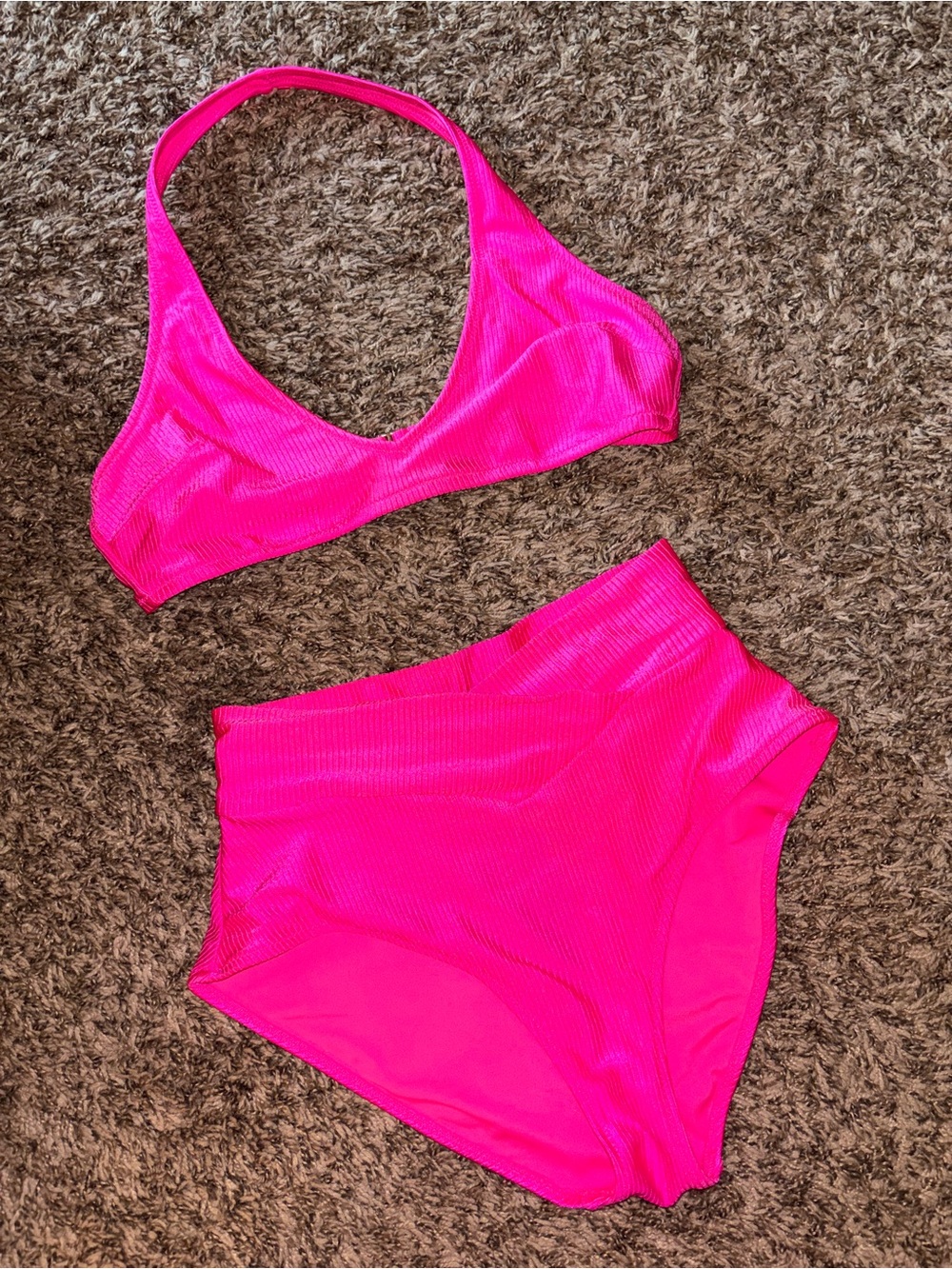 Aerie Neon Pink Ribbed Two-Piece Bikini Set L / S